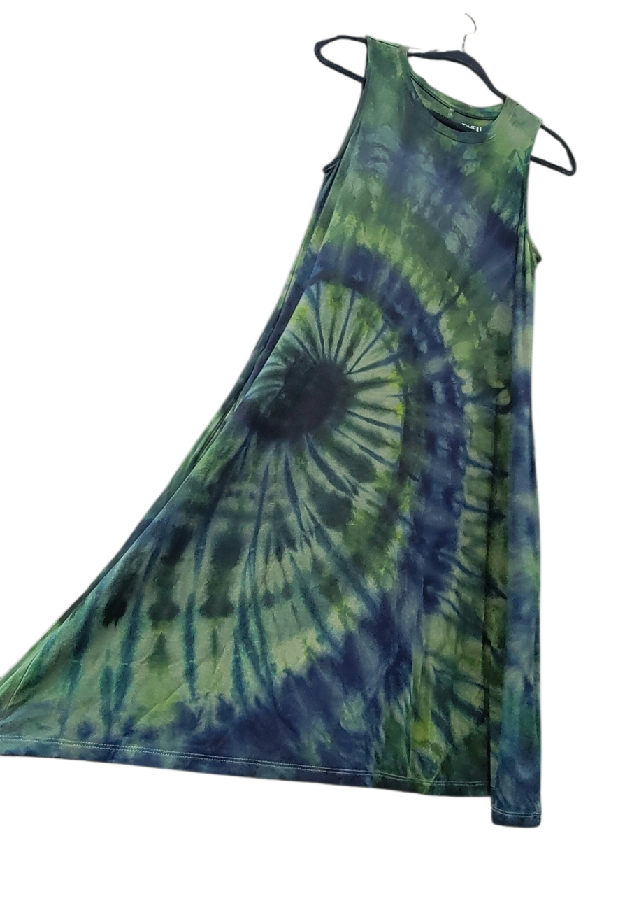 Flowy Pocket Tank Dress in Greens and Indigo