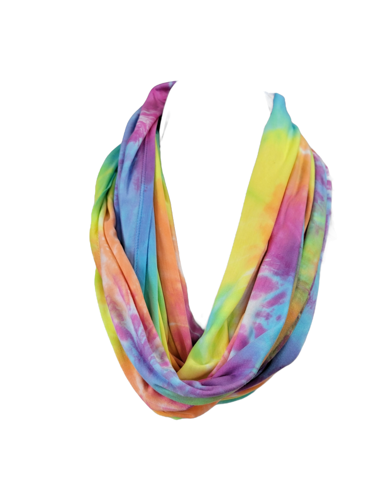 View of infinity scarf tie-dyed in a pastel rainbow flower pattern, shown as it would drape around the neck.