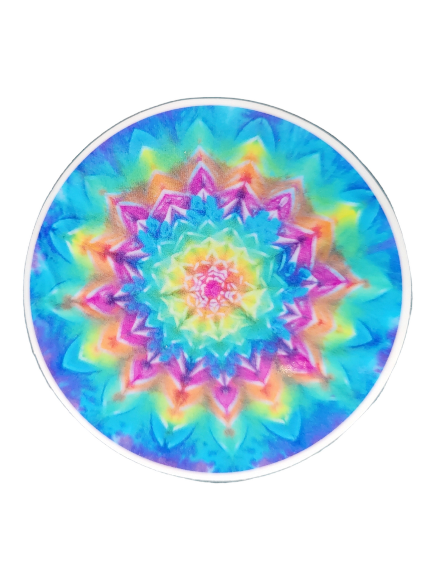 Photo of round 3-inch diameter rainbow sticker in bright mandala flower pattern.
