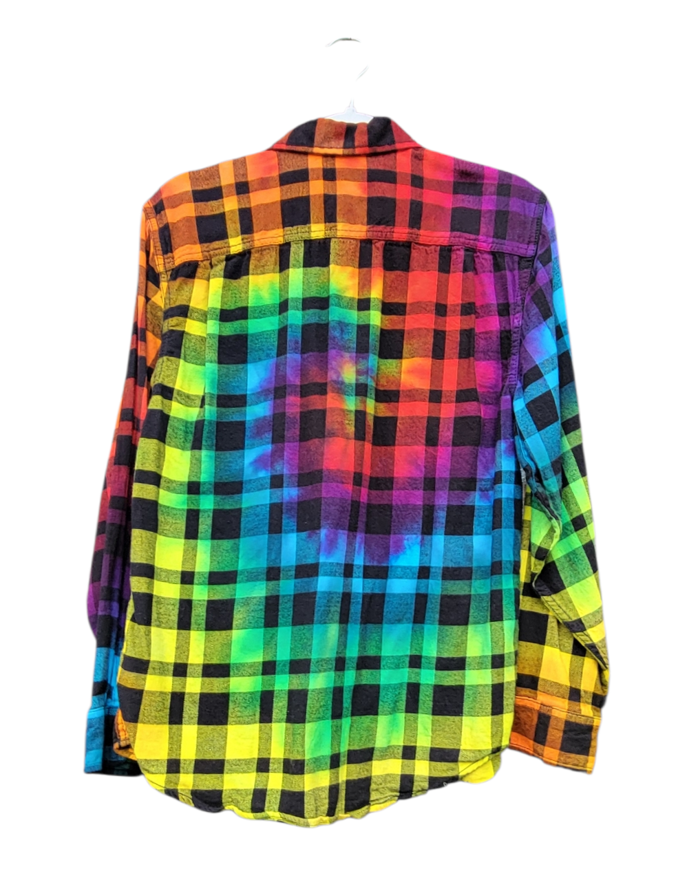 Backside of a checkered black and rainbow flannel shirt. Tie dyed in a spiral pattern from the center.