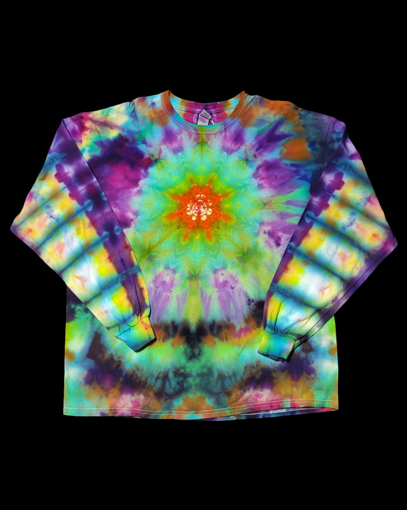 Front view of tie-dyed t-shirt showing mandala pattern and stripey long sleeves in brilliant rainbow colors.