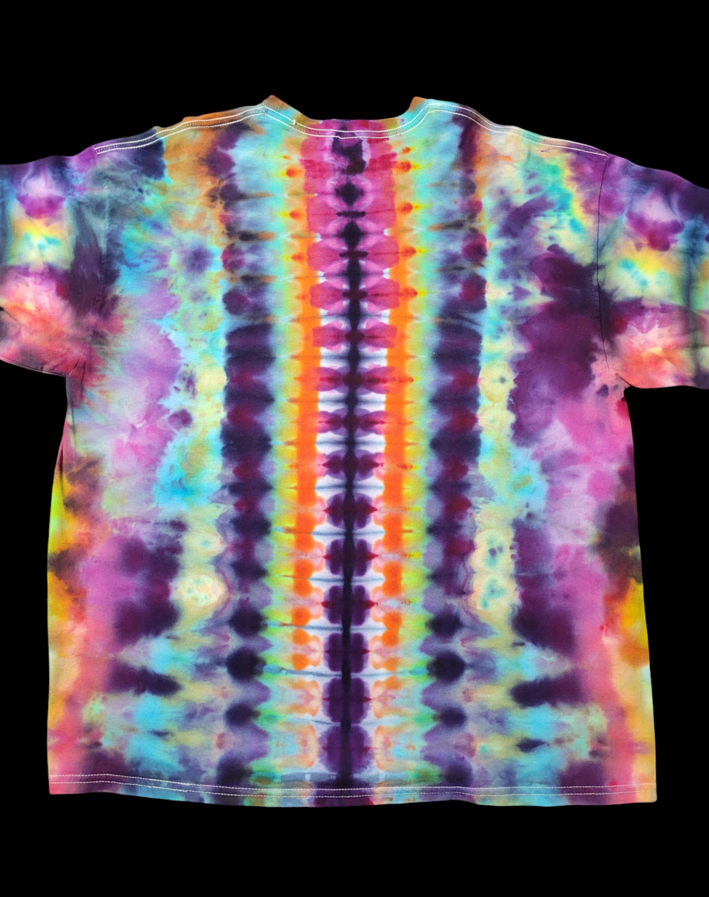 Back view of long-sleeved t-shirt with rainbow colors creating a unique spine pattern down the length of the back.