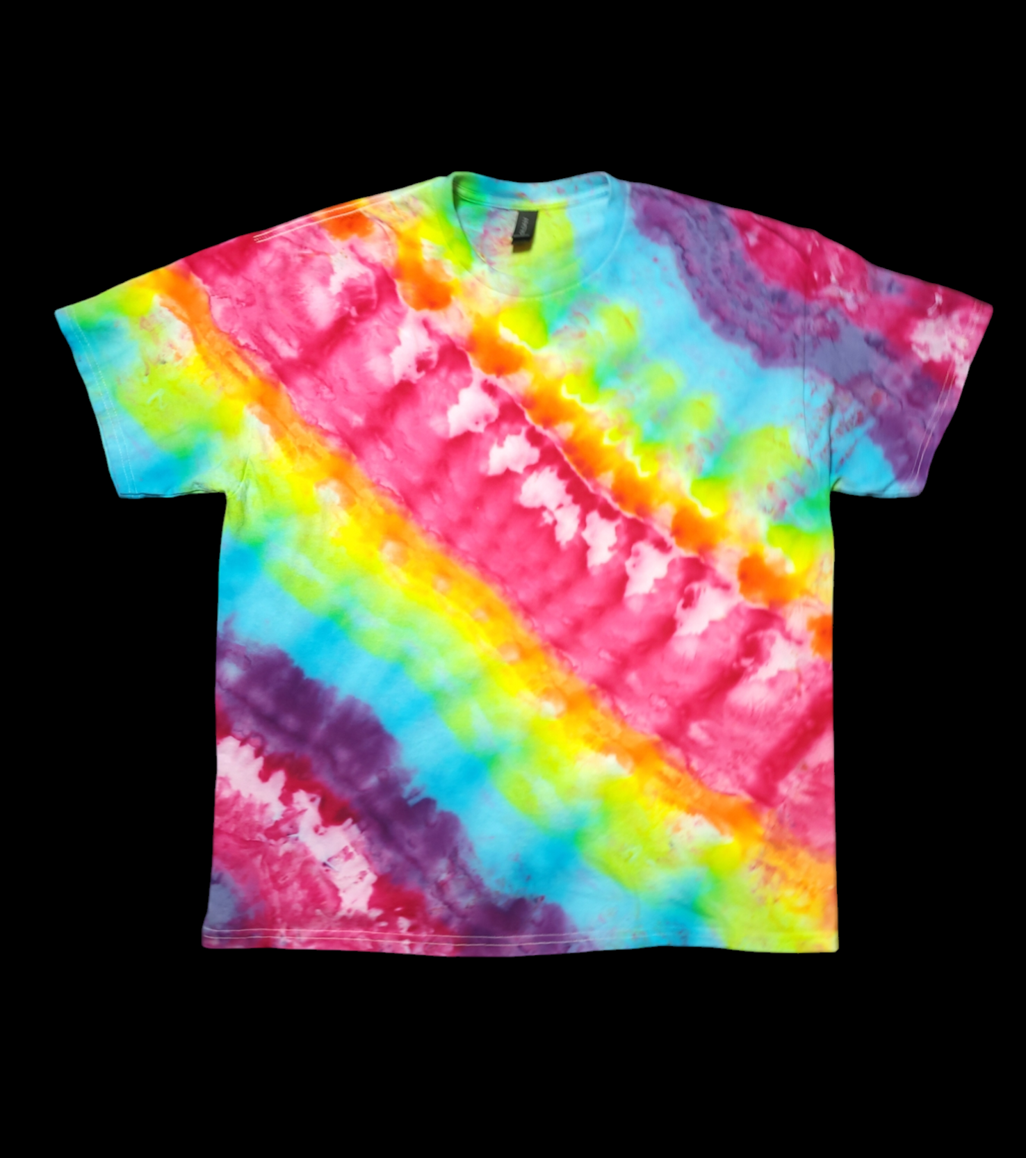 Rainbow tie dye tshirt with a pattern repeating from large to small diagonally across the shirt