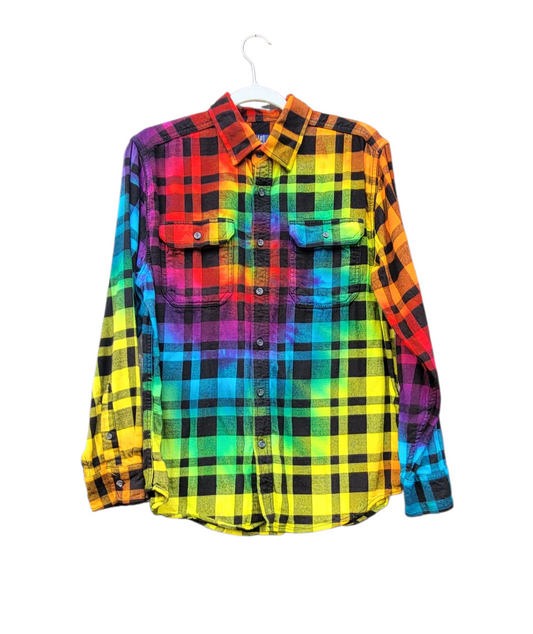 Checkered black and rainbow flannel shirt. Tie dyed in a spiral. Has collar and buttons down the front.  