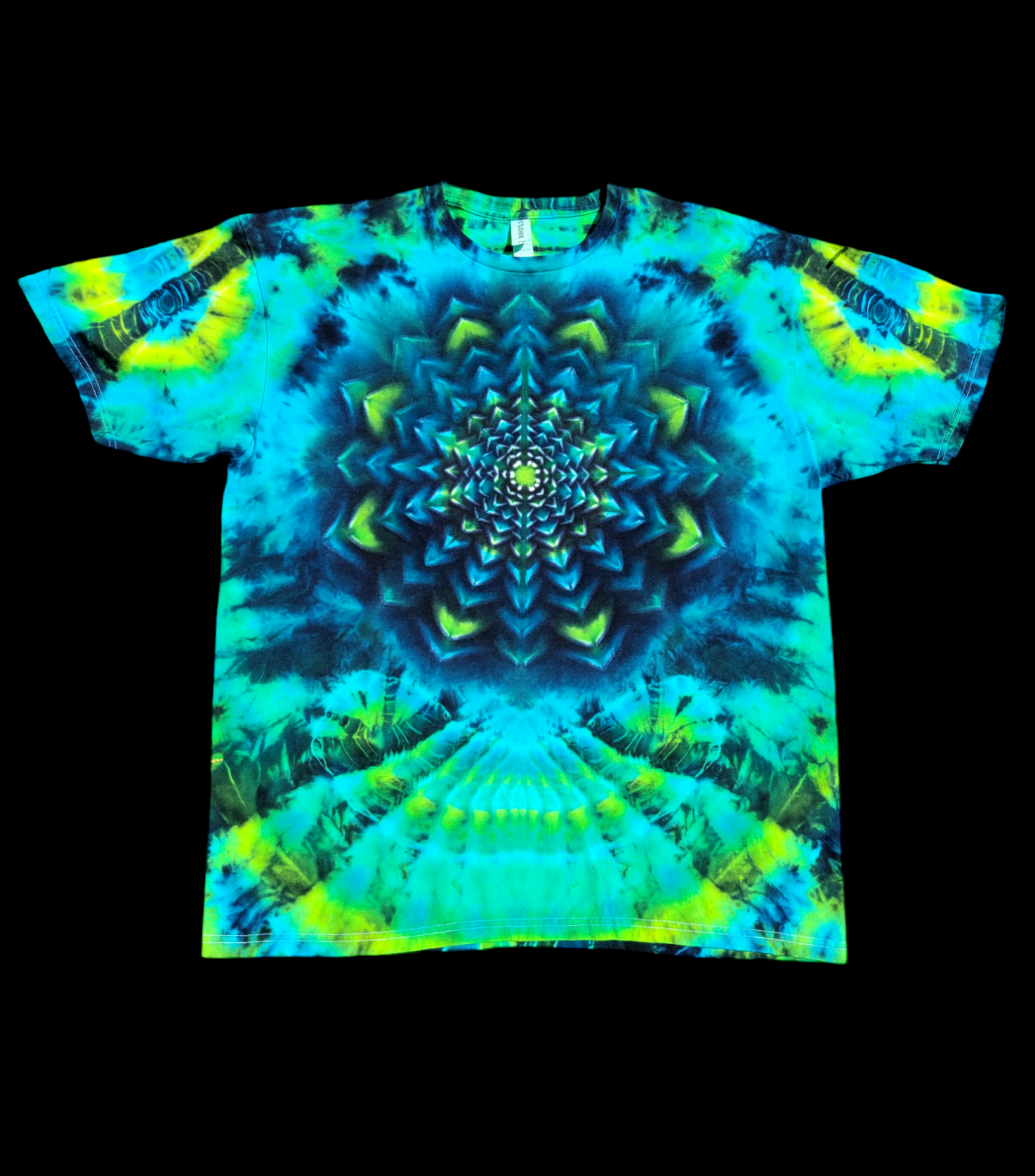 Blue green and black lotus flower mandala front and center tie dye shirt