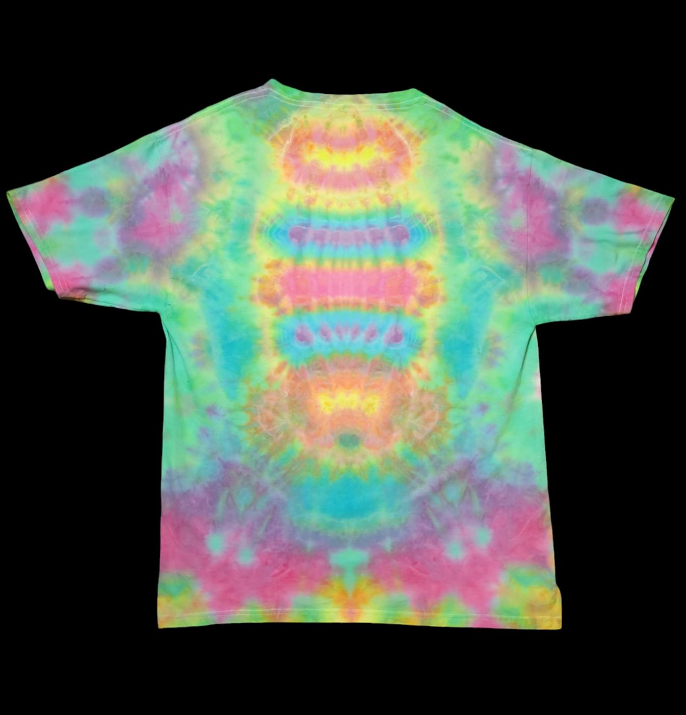 Back view of t-shirt with a Cosmic Egg tie dye pattern in pastel rainbow colors.